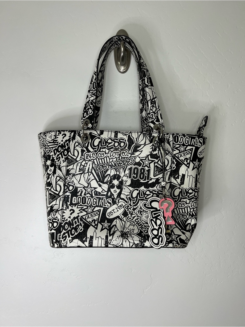 Guess Kamryn Graffiti Tote with Charm
